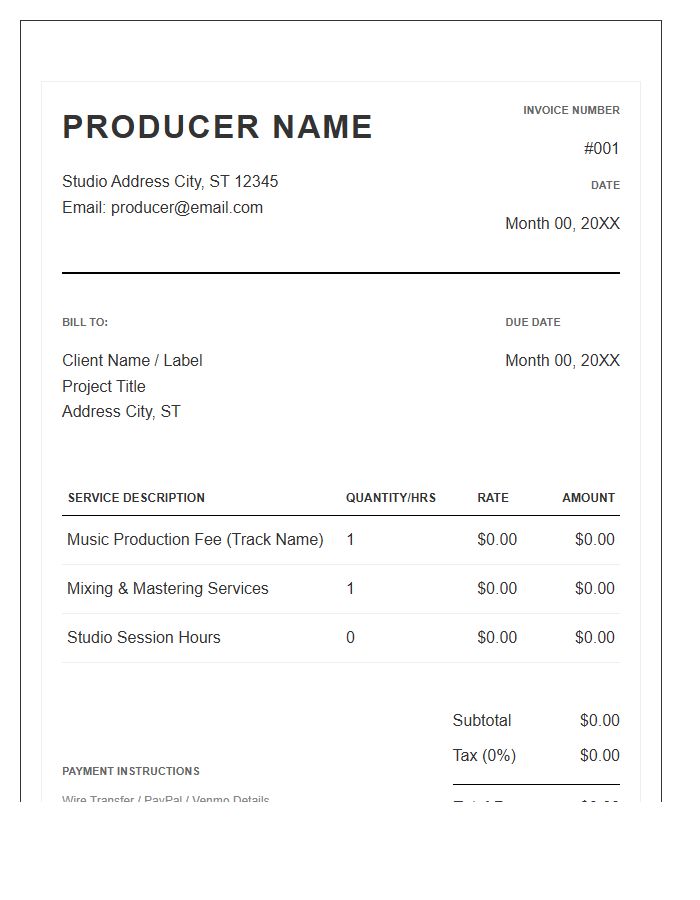 Music Producer Creative Services Invoice Template