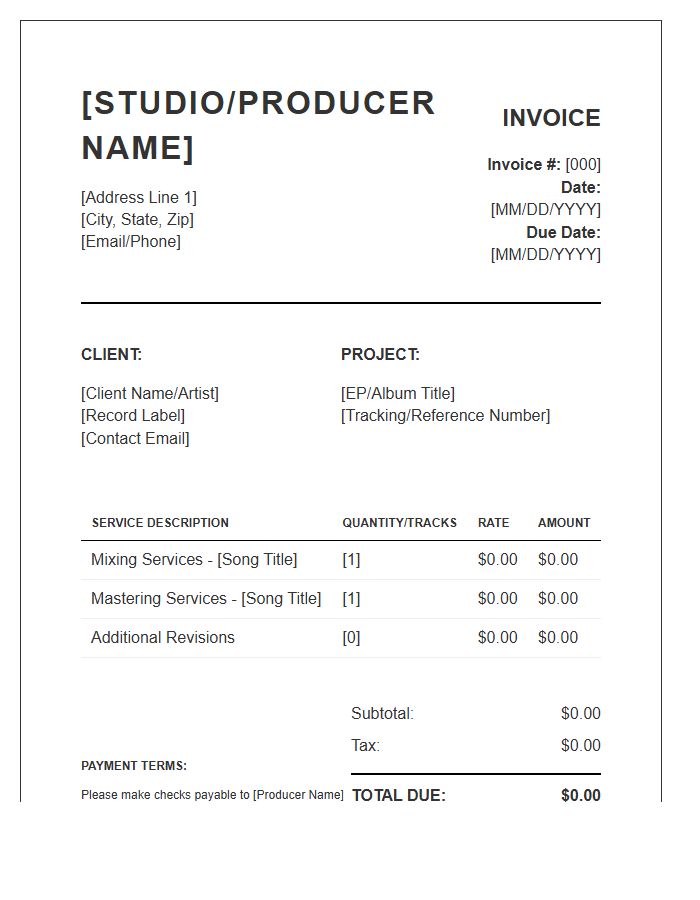 Music Producer Mixing And Mastering Invoice Template