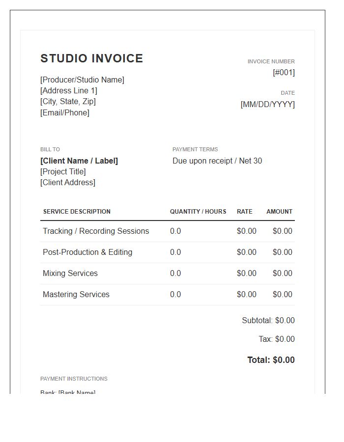 Music Production Labor Cost Invoice Template