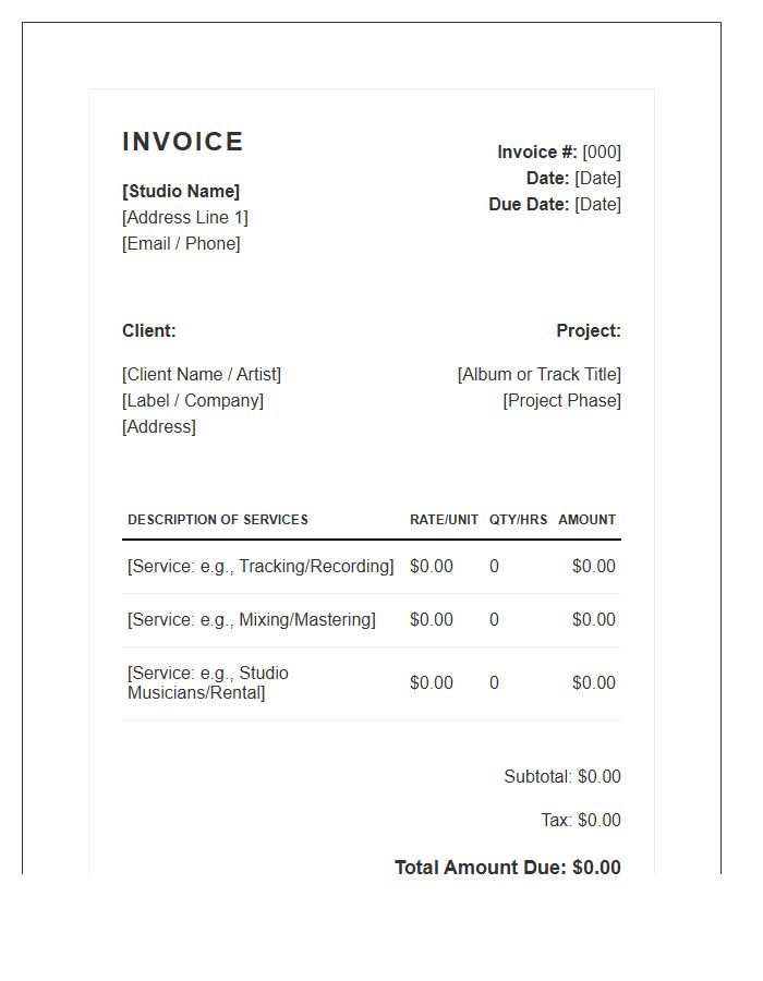 Music Production Service Billing Invoice Template
