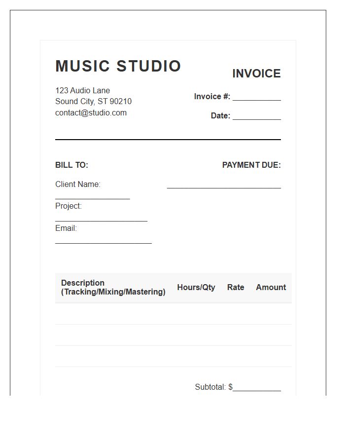 Music Studio Client Billing Invoice Template
