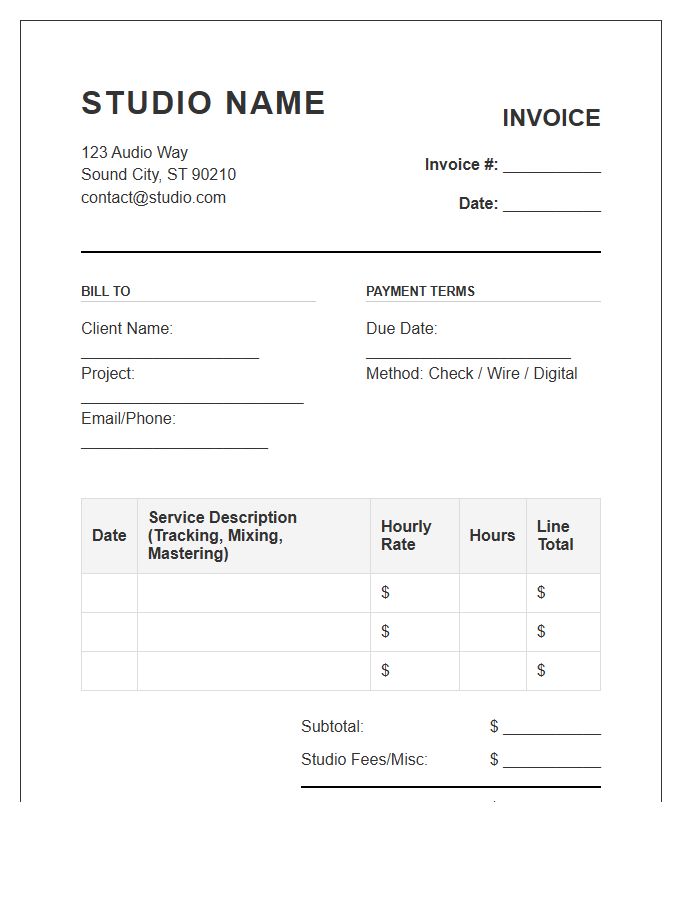 Music Studio Hourly Rate Billing Invoice Template