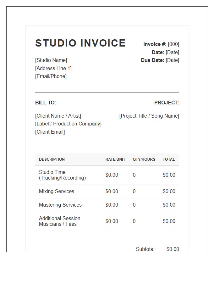 Professional Music Producer Studio Time Invoice Template