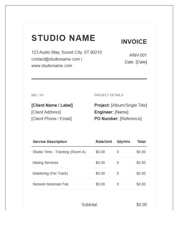 Professional Recording Studio Rate Invoice Template