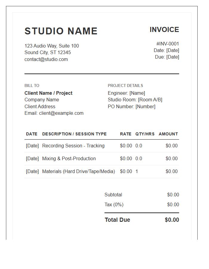 Professional Studio Time Billing Invoice Template