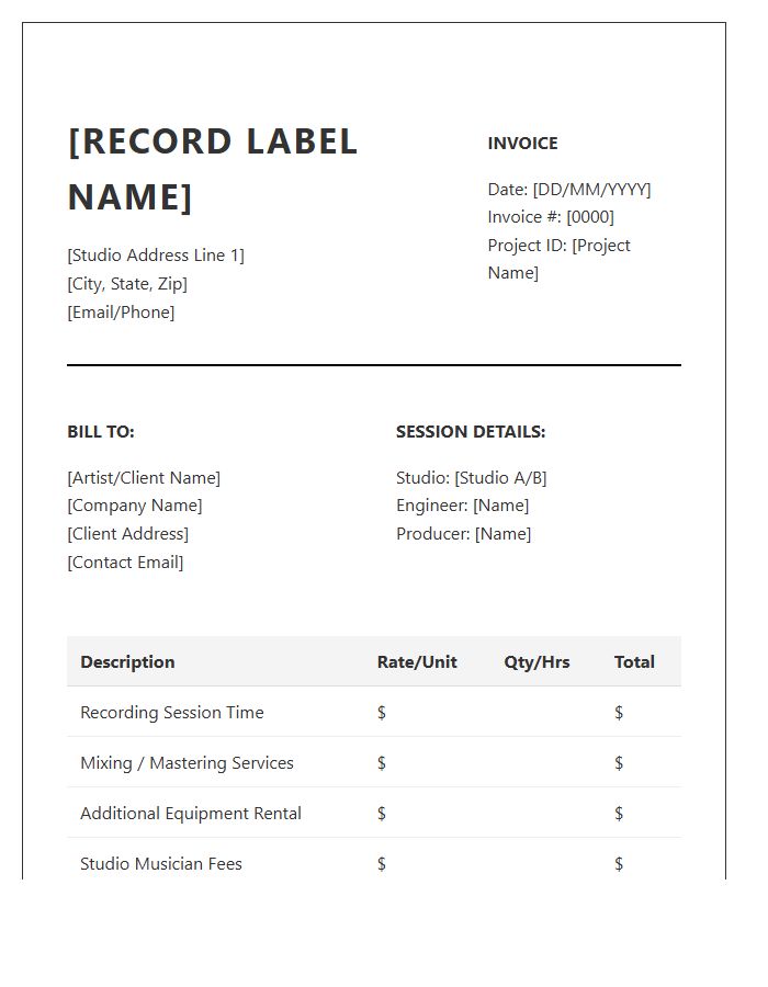 Record Label Studio Session Invoice Template