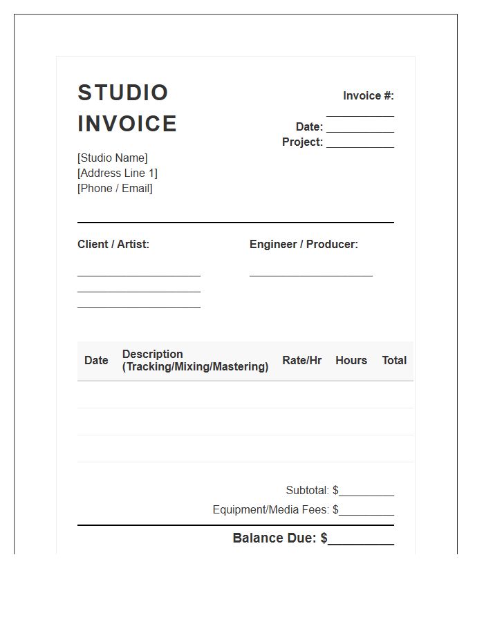 Record Production Studio Time Invoice Template