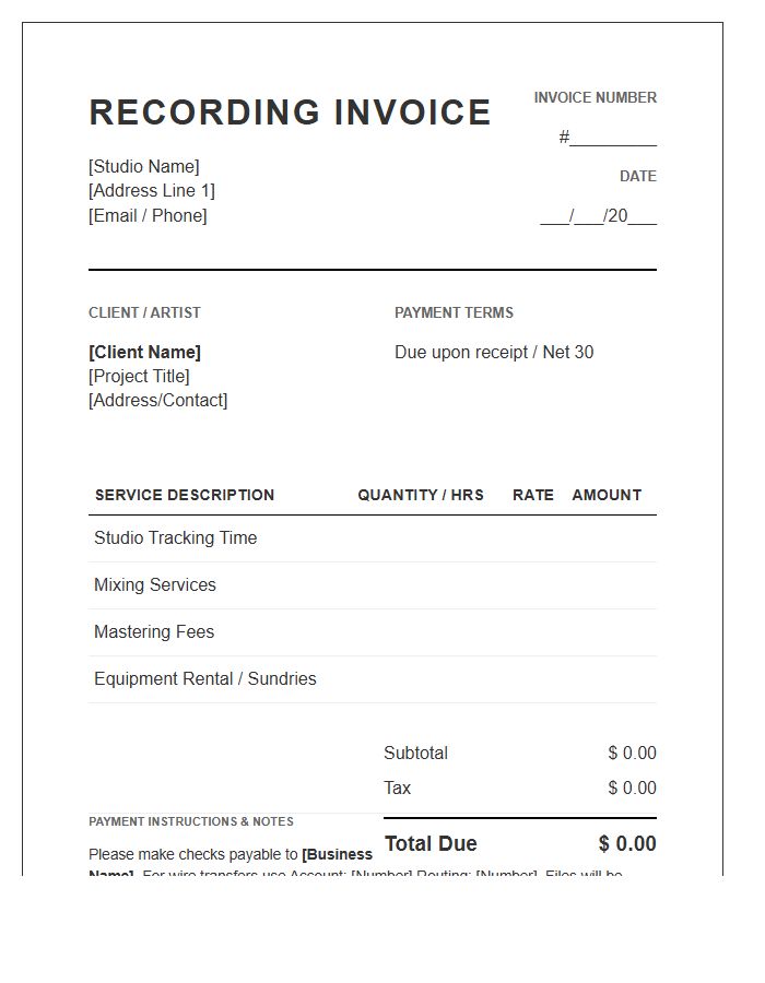 Recording Session Professional Invoice Template