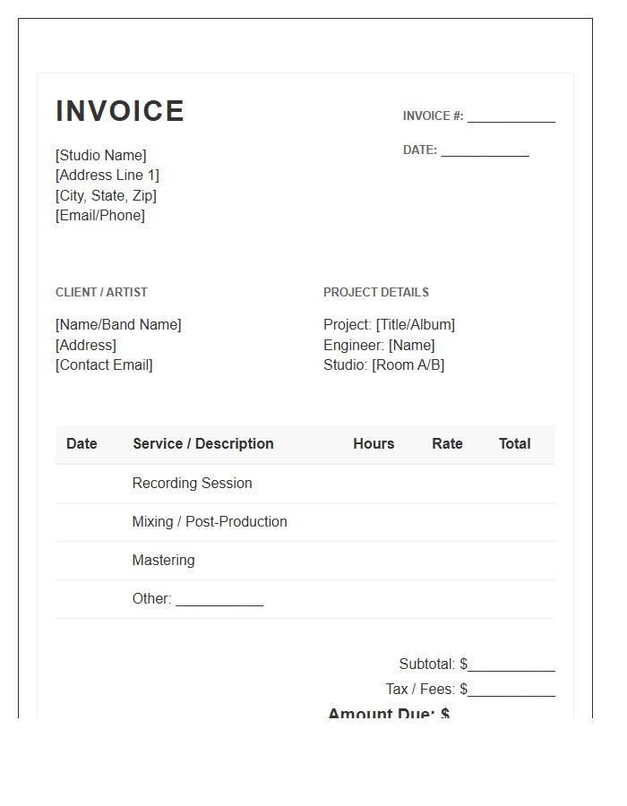 Recording Studio Session Hours Invoice Template