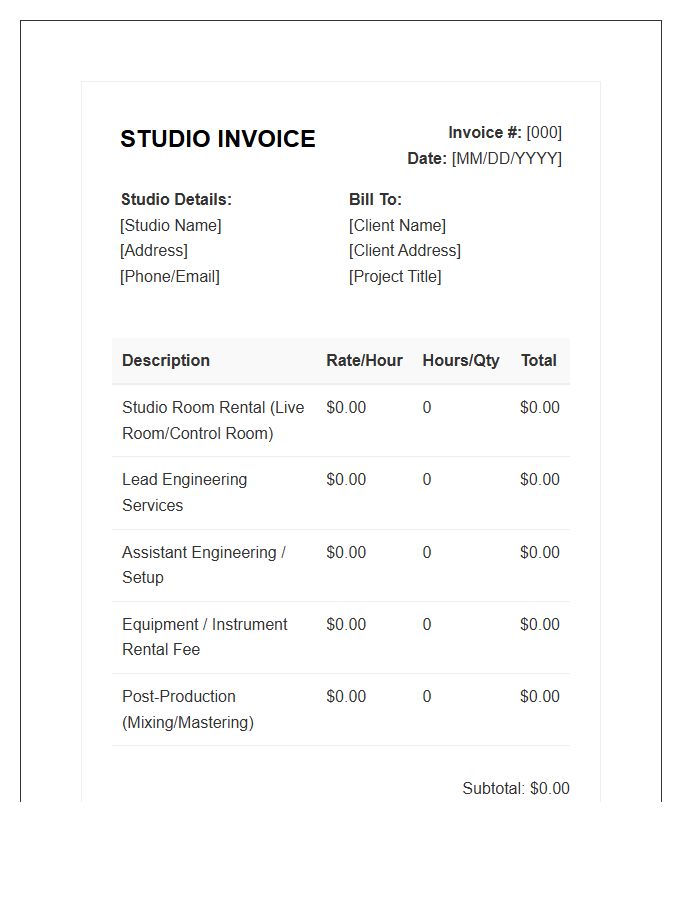 Studio Rental And Engineering Invoice Template