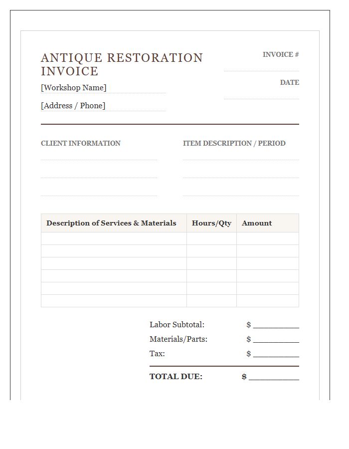 Antique Furniture Repair Invoice Template