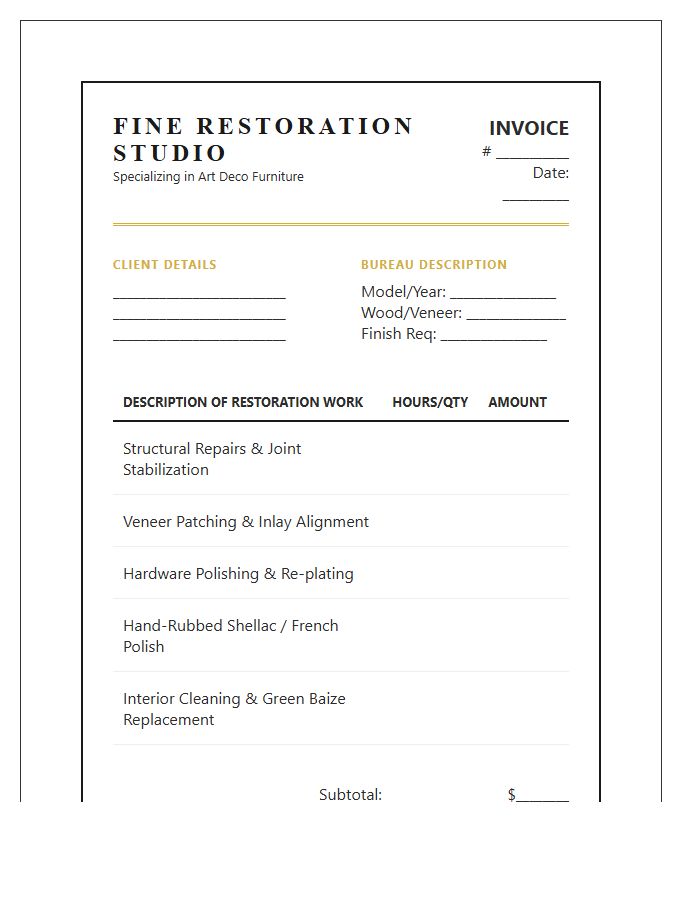 Art Deco Bureau Restoration Invoice Template