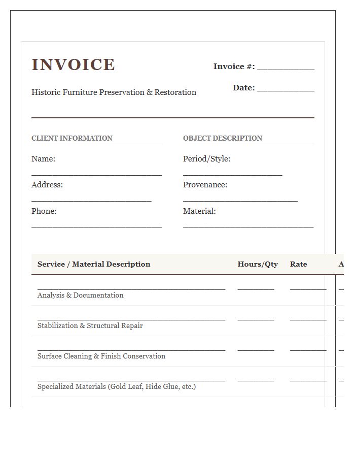 Historic Furniture Preservation Invoice Template