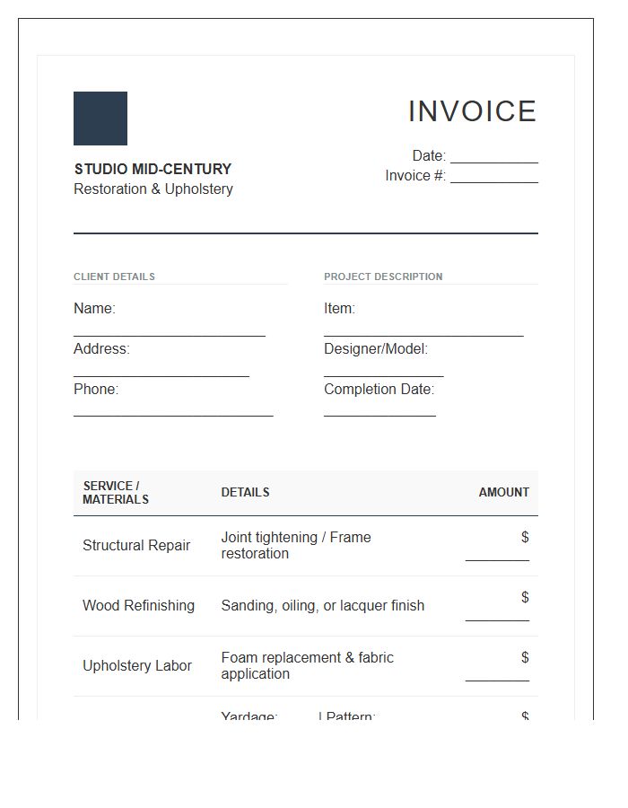 Mid Century Modern Chair Refurbishment Invoice Template