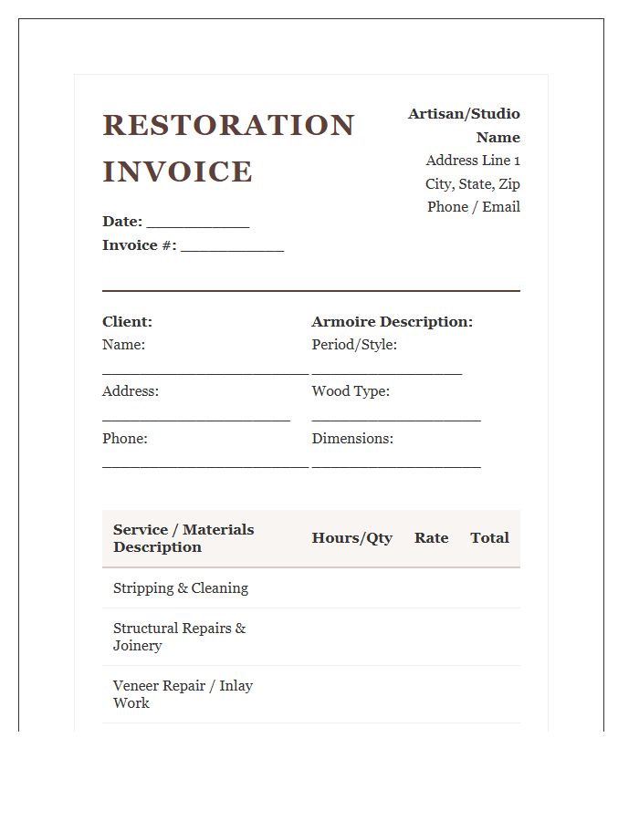 Traditional Armoire Restoration Invoice Template