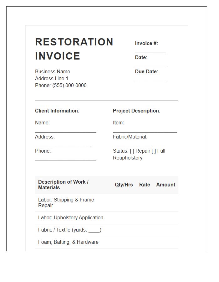 Upholstery Restoration Billing Invoice Template
