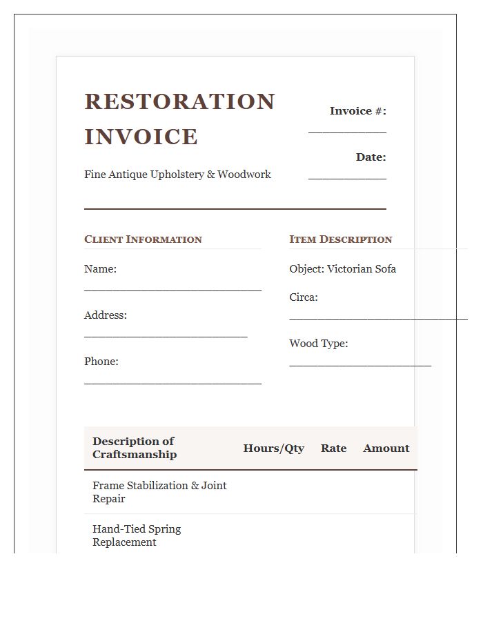 Victorian Sofa Restoration Invoice Template