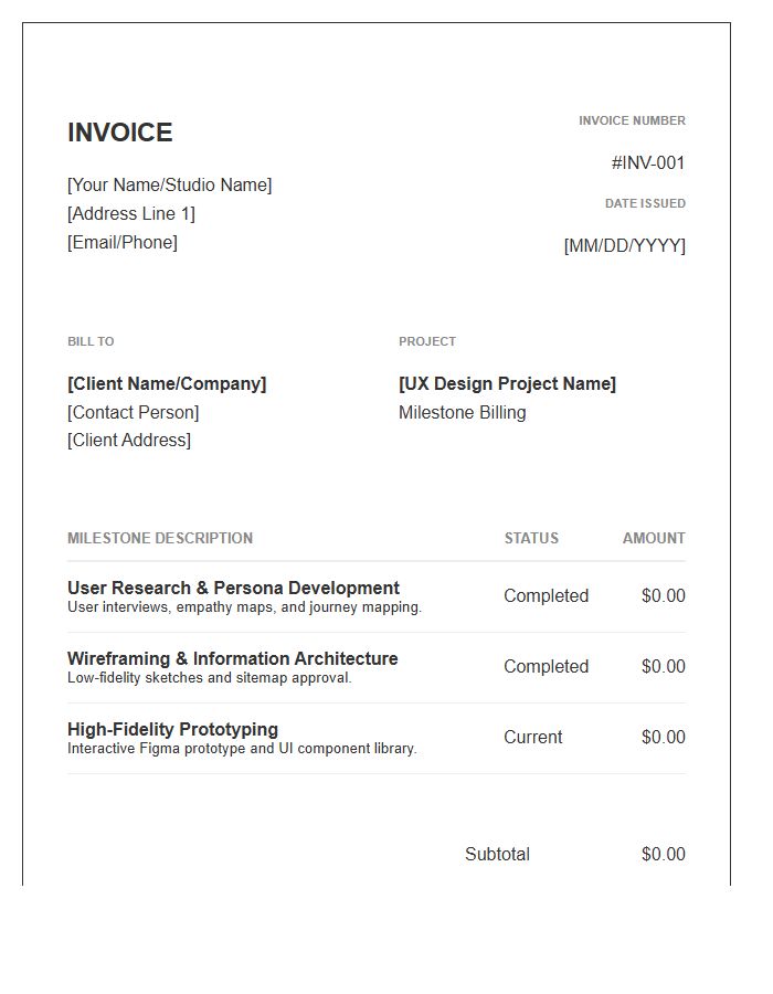 UX Design Milestone Invoice Template