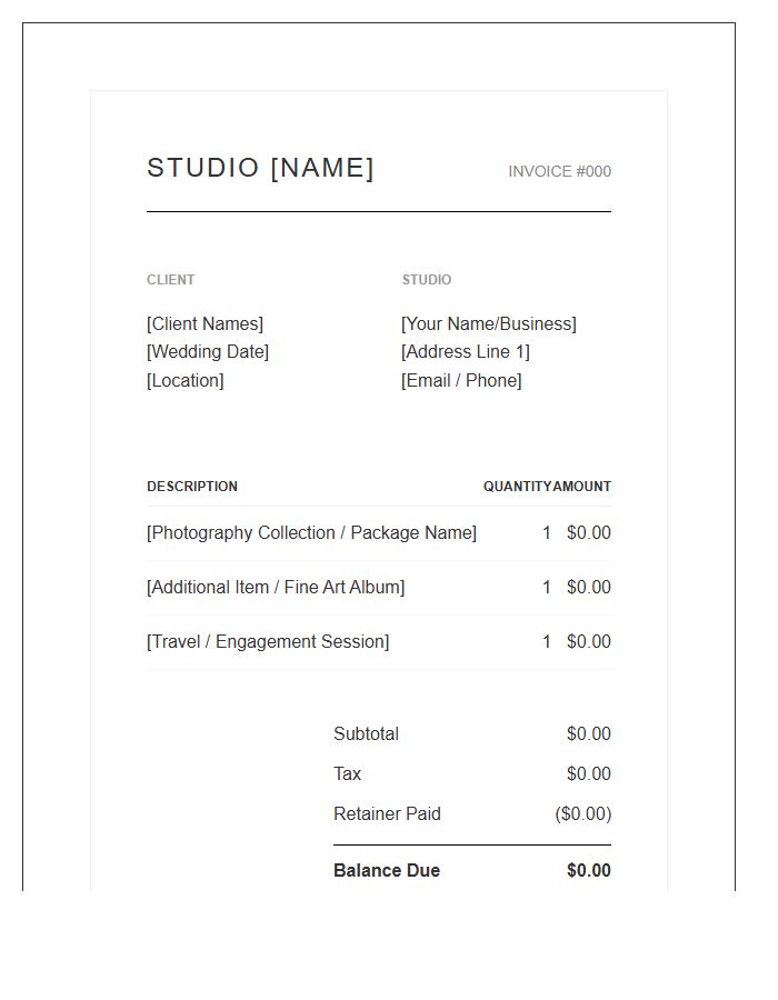 Artistic Wedding Photography Billing Invoice Template