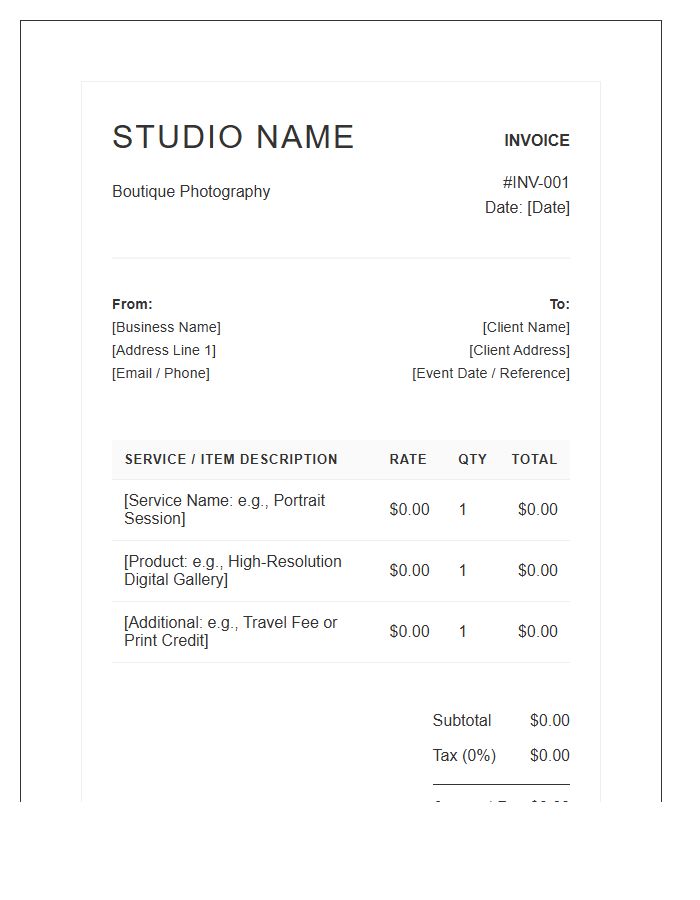 Boutique Photography Business Invoice Template