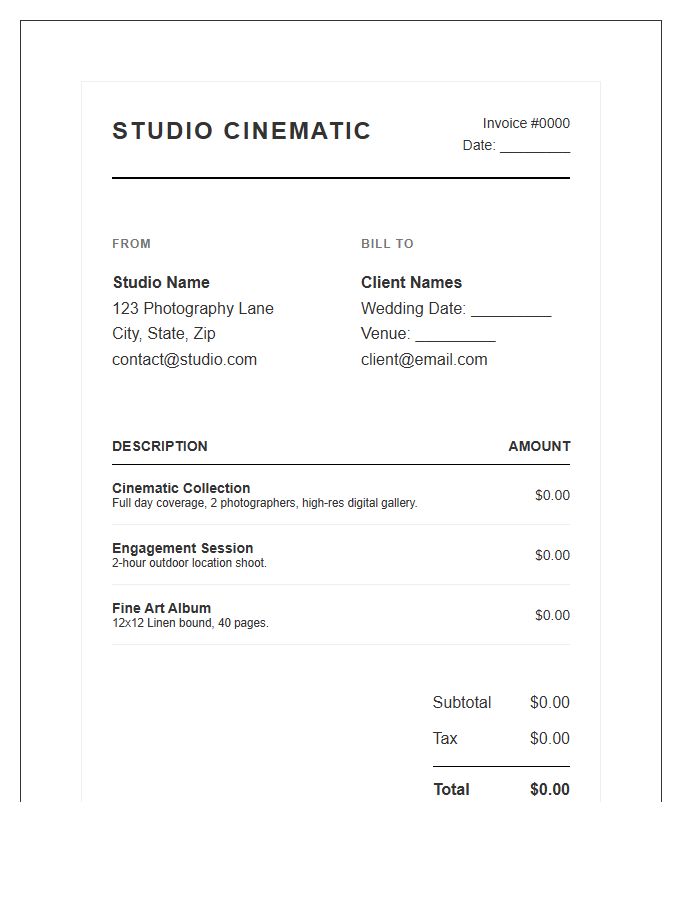 Cinematic Wedding Photography Invoice Template