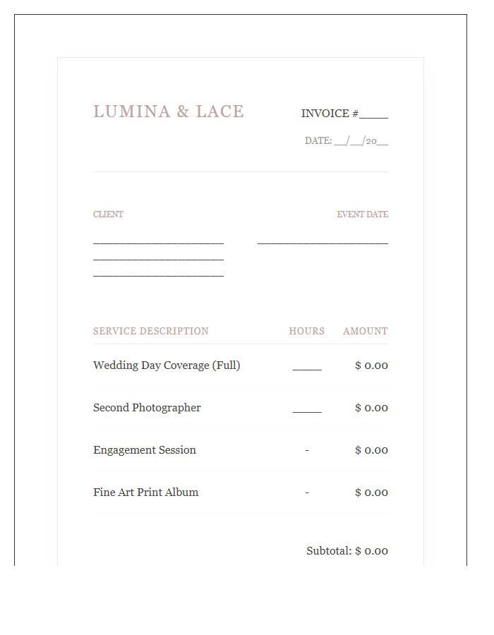 Dreamy Wedding Photography Service Invoice Template