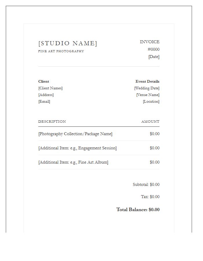 Fine Art Wedding Photography Invoice Template