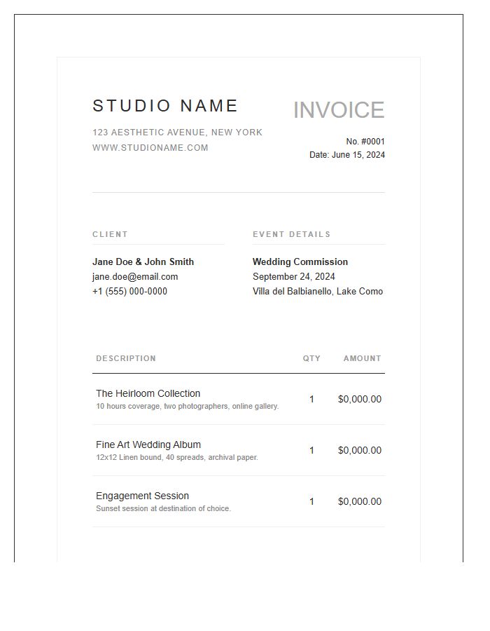 High End Wedding Photography Invoice Template
