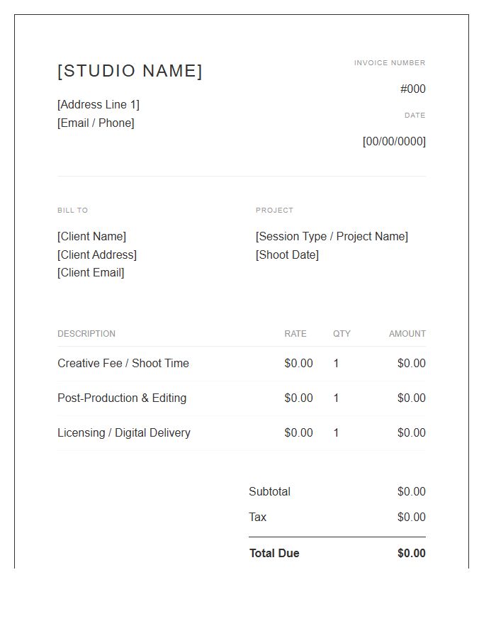Minimalist Photography Invoice Template Document