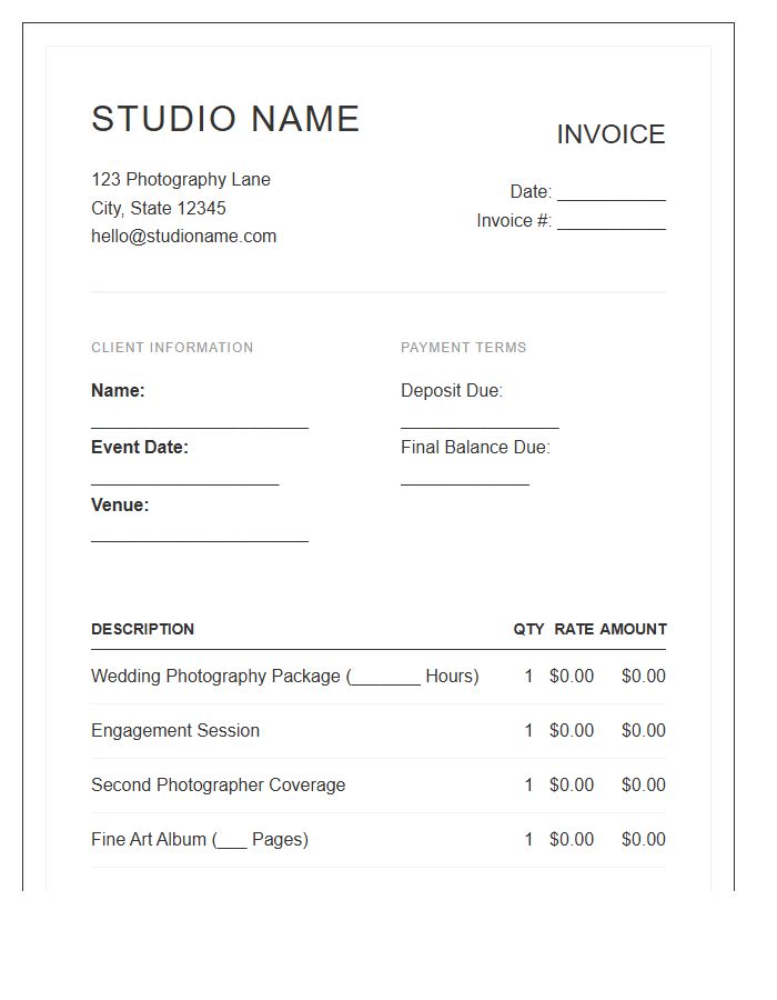 Modern Wedding Photography Invoice Template