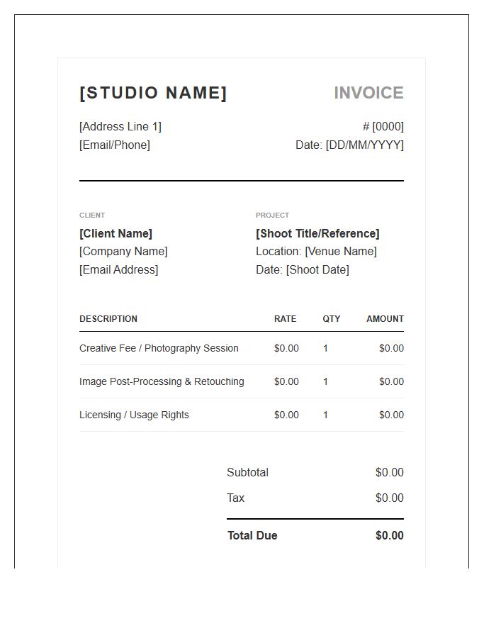 Professional Photography Invoice Template Design