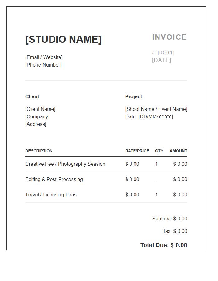 Simple Photography Invoice Template For Creatives