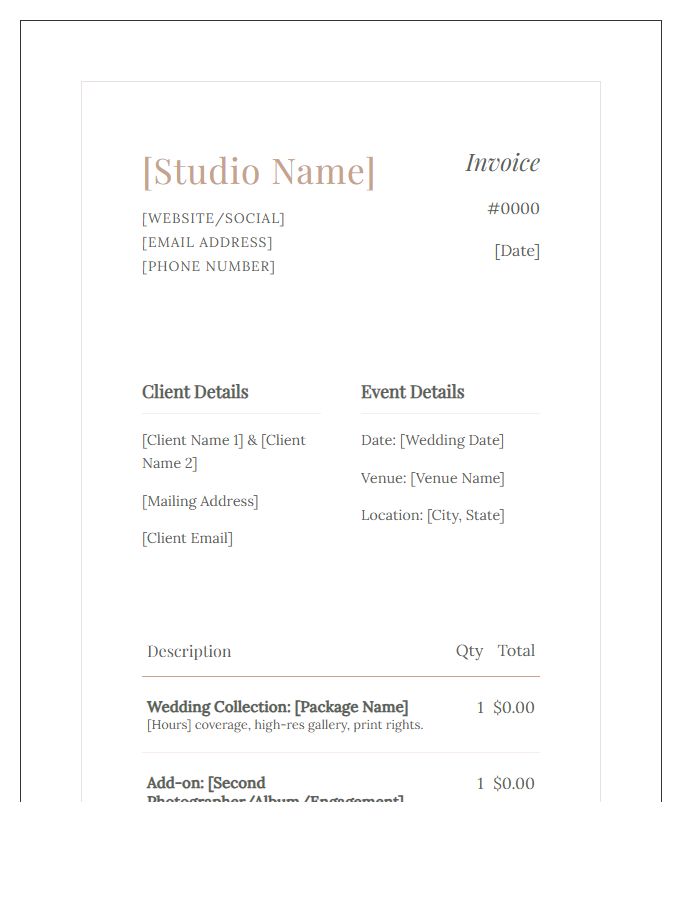 Soft Aesthetic Wedding Photography Invoice Template