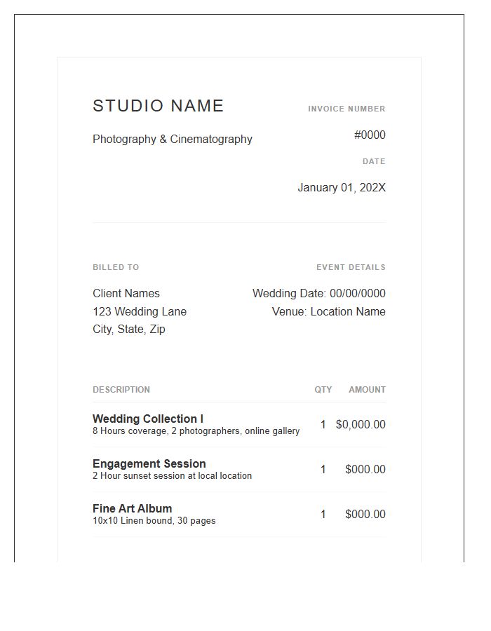 Styled Wedding Photography Invoice Template