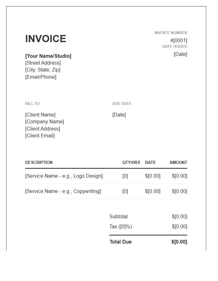 Freelance Creative Services Invoice Template