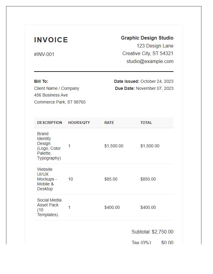 Professional Graphic Design Service Invoice Template