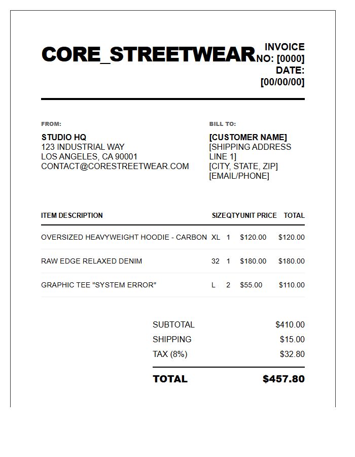 Professional Streetwear Brand Billing Invoice Template