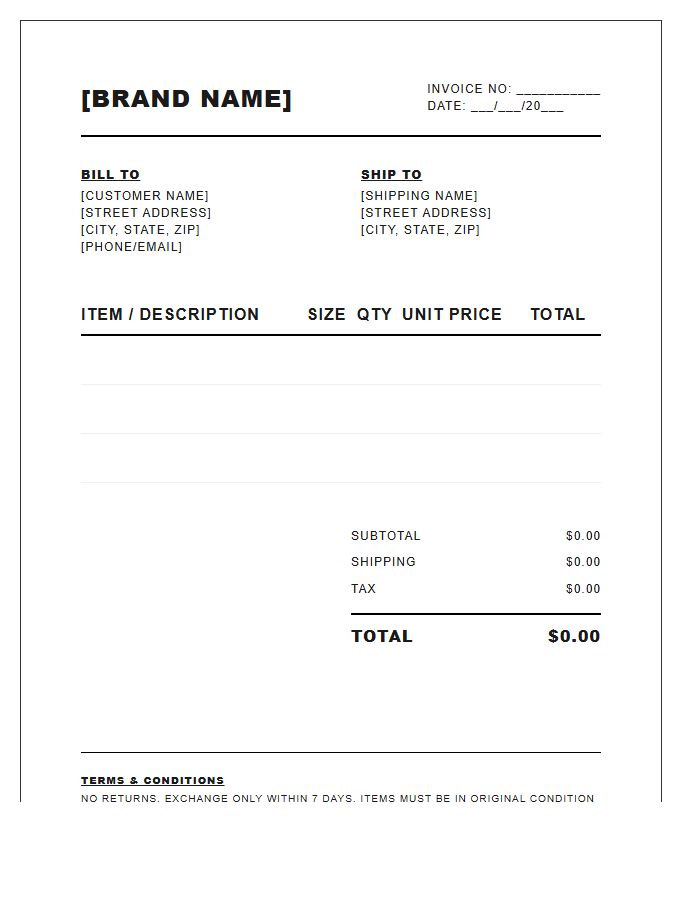 Streetwear Brand Retail Sales Invoice Template