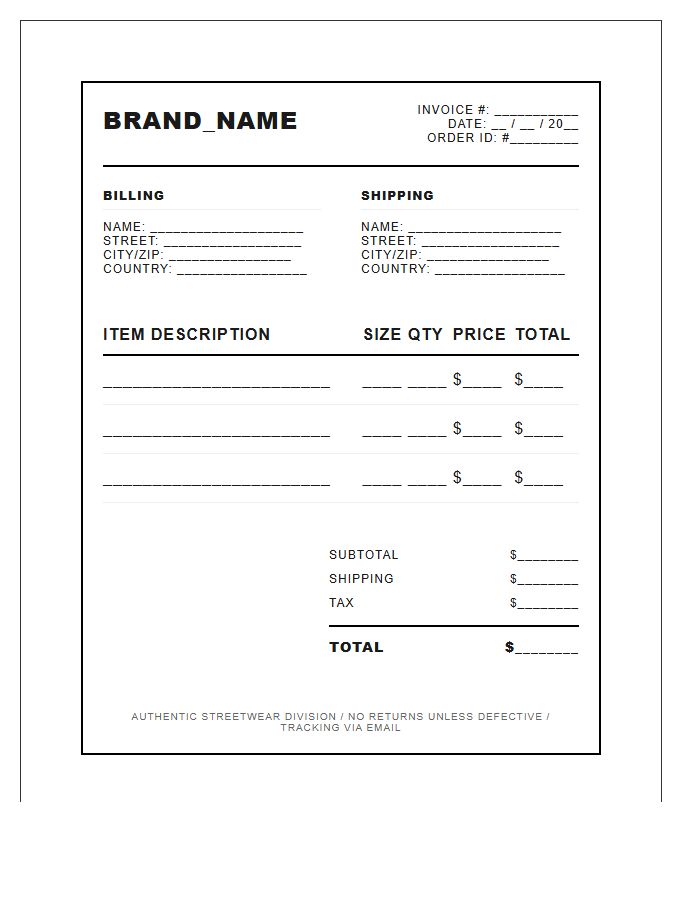 Streetwear Drop Shipping Order Invoice Template