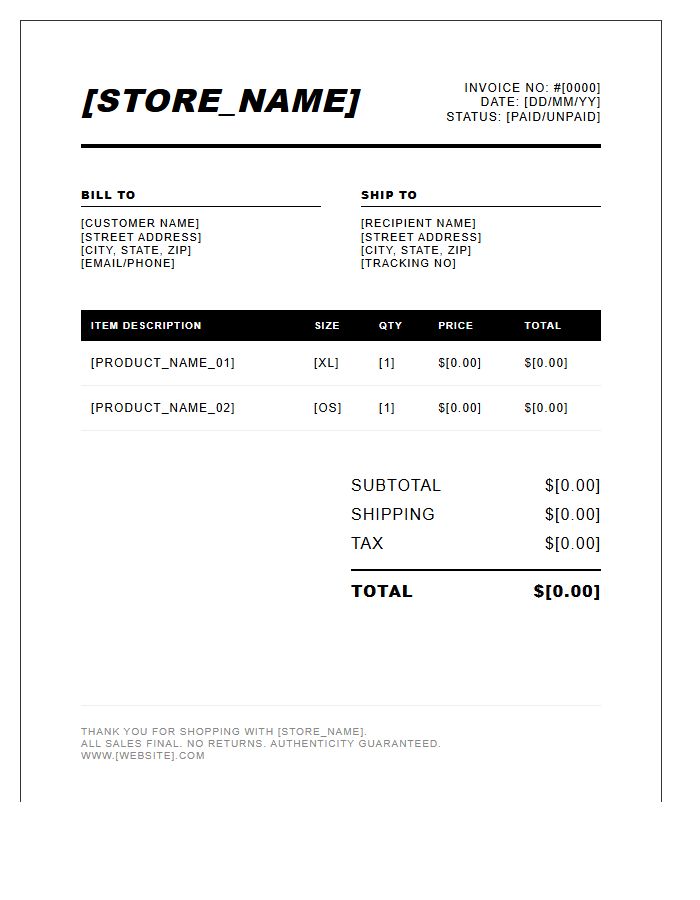 Streetwear Ecommerce Store Invoice Template