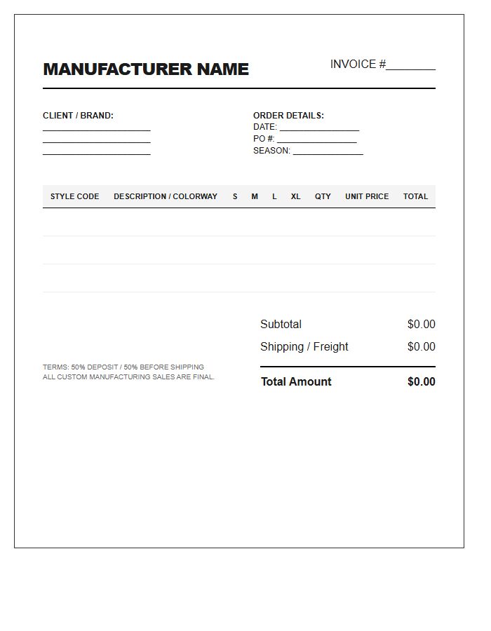 Streetwear Manufacturer Order Invoice Template
