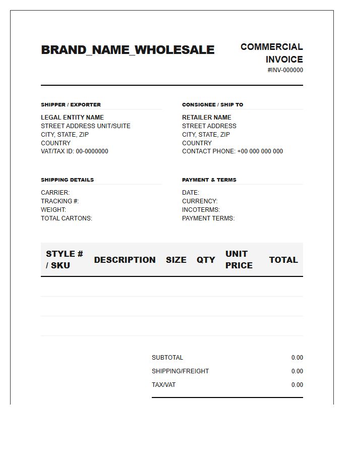 Streetwear Wholesaler Commercial Invoice Template