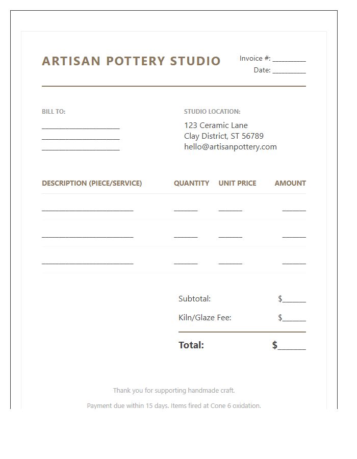 Artisan Pottery Studio Billing Invoice Template