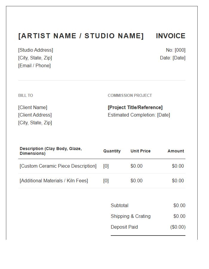 Ceramic Artist Commission Invoice Template