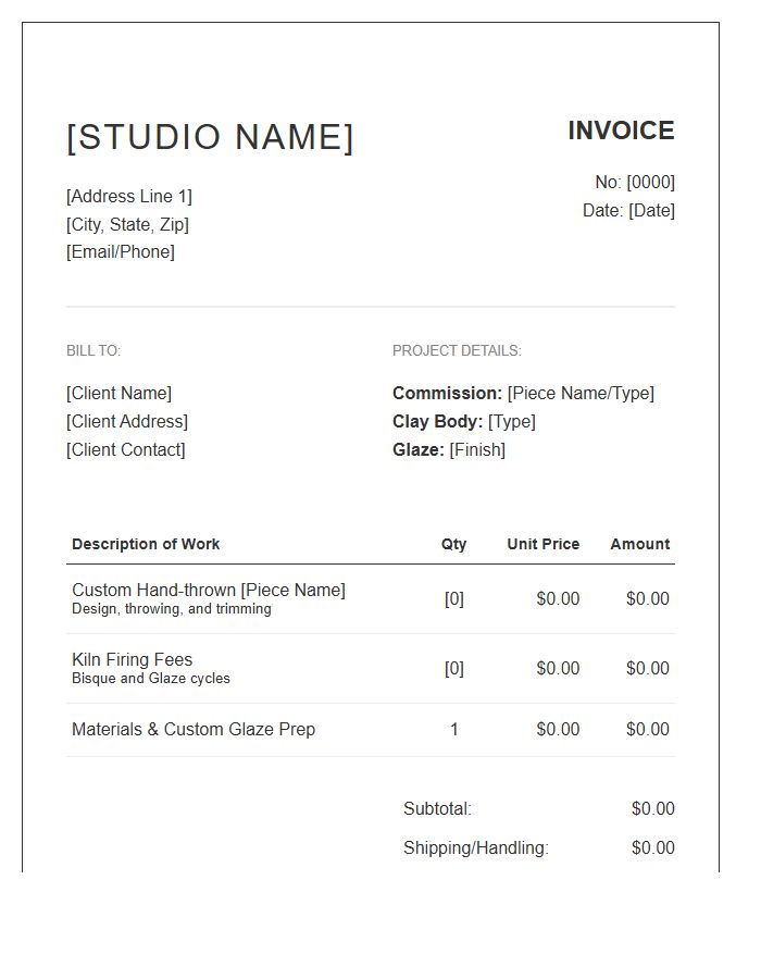 Custom Ceramic Piece Invoice Template
