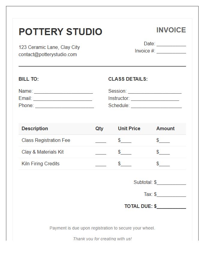Pottery Class Registration Invoice Template