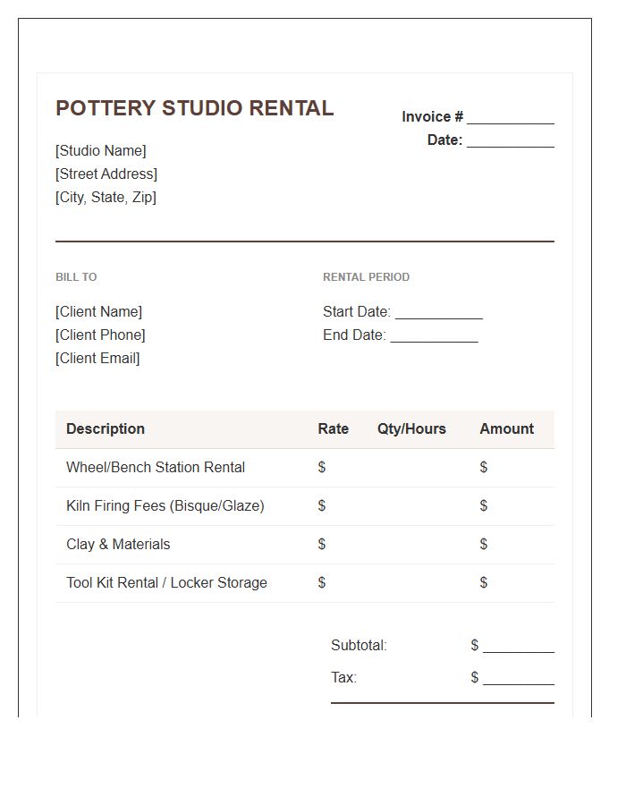 Pottery Studio Rental Invoice Template