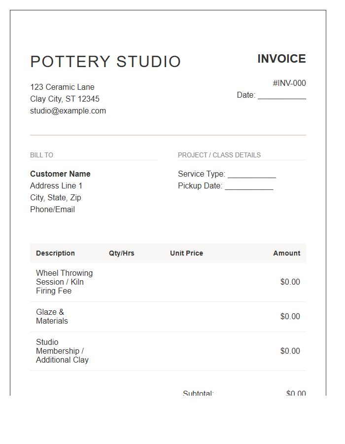 Pottery Studio Service Invoice Template