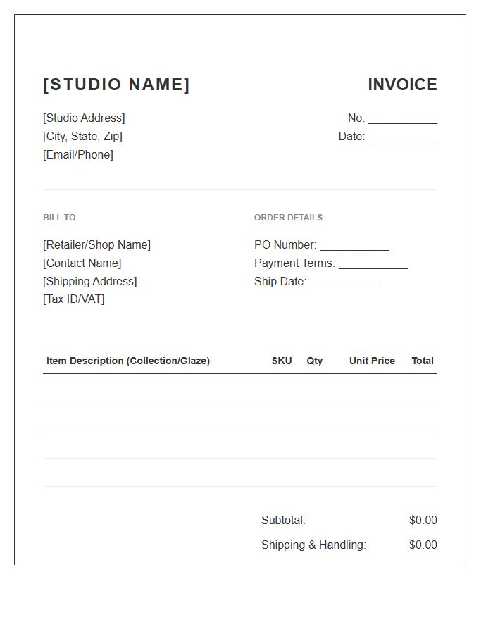 Pottery Studio Wholesale Invoice Template