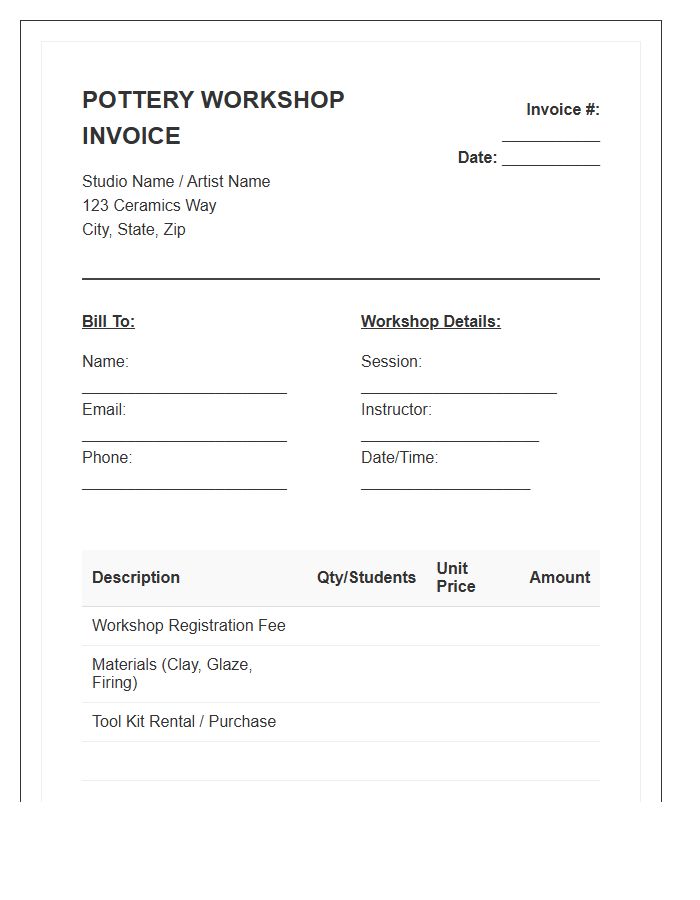 Pottery Workshop Fee Invoice Template